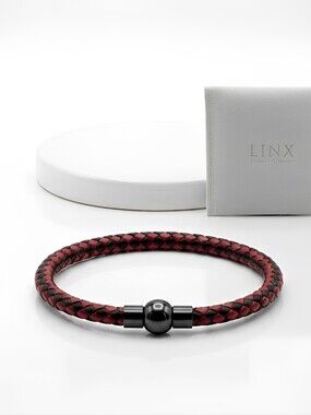 Linx Black/Red Leather Braided Cord Bracelet with Black Magnetic Clasp
